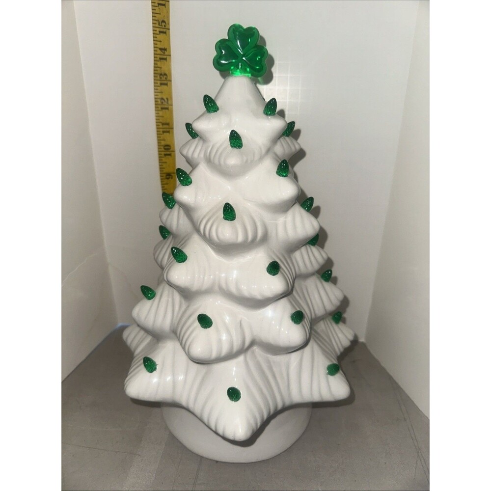 Mr Christmas White Ceramic Christmas Tree Green Lights/Shamrock Top St Patrick’s